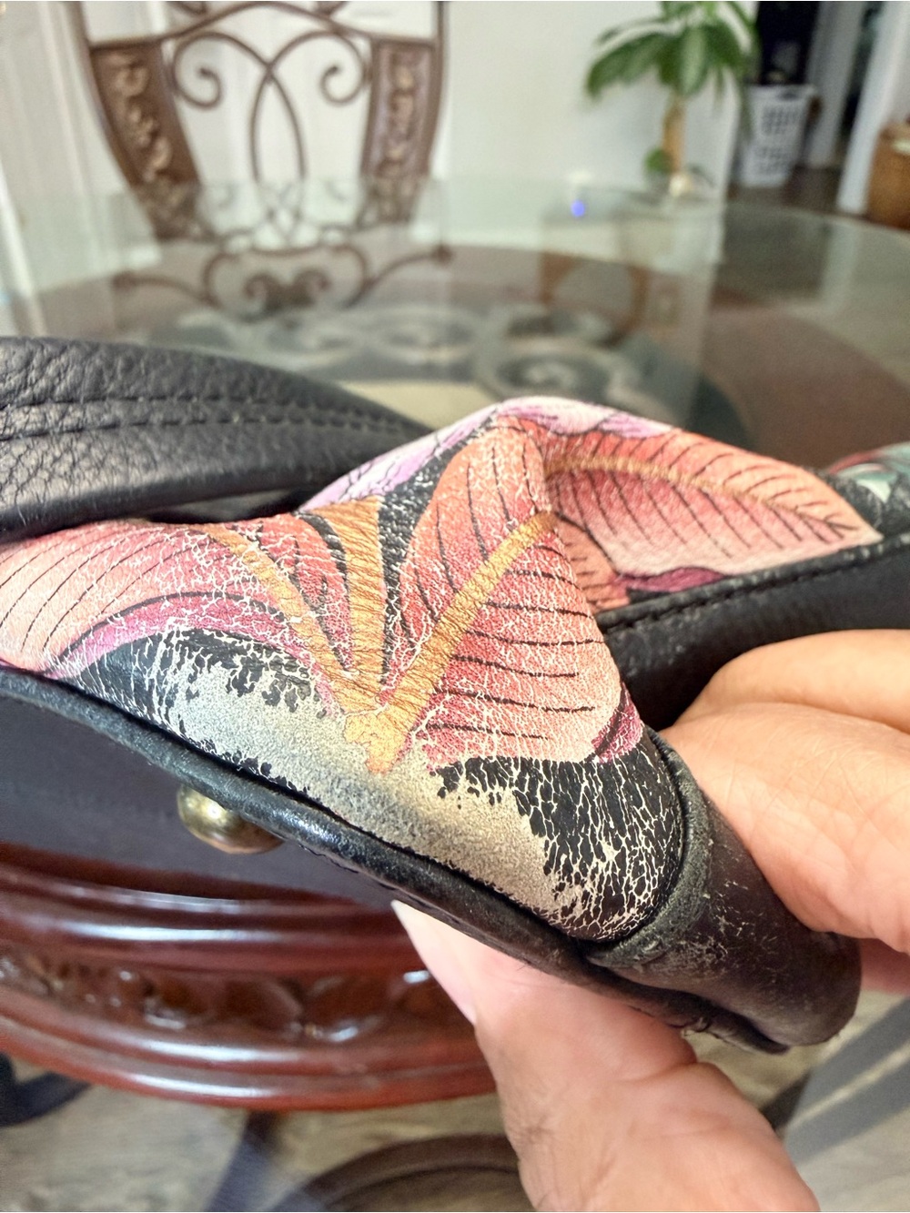 Anuschka Black Tote with Vibrant Tropical Floral Paint and matching wallet - Picture 10 of 12
